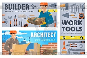 House construction workers and tools banner - vector image