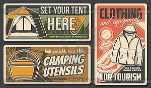 Camping and hiking, icons, travel tourism outdoor - vector image