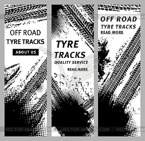 Tire prints, tyre tracks with grunge stained spots - vector clipart