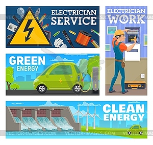 Electrician service, green energy banners - vector image