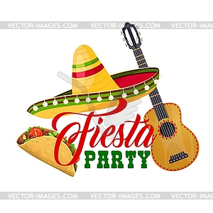 Fiesta party icon sombrero, guitar, tacos - vector clipart