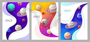 Space posters with cartoon planets, galaxy - vector clip art