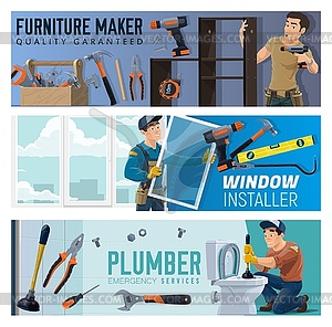 Furniture, window install, plumber banner - stock vector clipart
