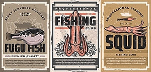 Seafood delicacy, fishing club retro banner - vector image