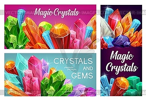 Magic crystals and gems, gemstones banners - vector clip art