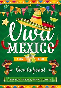 Плакат Viva Mexico, флаер для вечеринки с живой музыкой - векторное изображение EPS