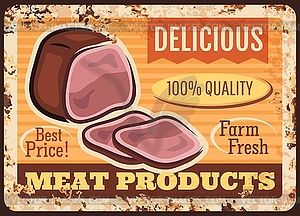 Meat products rusty metal plate, assortment - vector image
