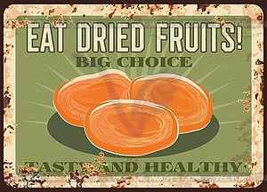 Dried apricot rusty metal plate, fruit farm market - vector clip art