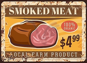 Smoked meat rusty metal plate with card - vector clipart