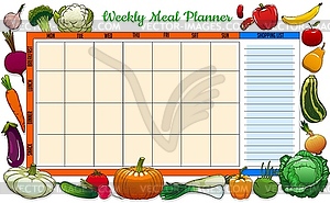 Weekly meal planner with sketch veggies and fruits - vector image