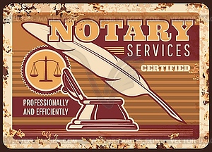 Notary services metal plate rusty, legal lawyer - vector clipart