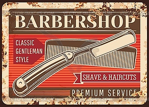 Barber shop metal plate rusty, barbershop retro - vector image