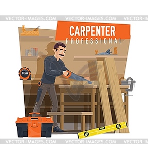 Carpenter cutting wooden board on workbench - vector image