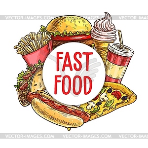 Fast food meals and drinks sketch frame - vector image