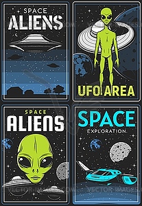 Ретро-постеры с карточками инопланетян и нло - векторное графическое изображение