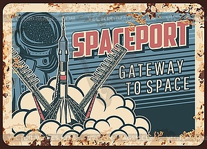 Spaceport rusty metal plate rocket take off - vector clipart