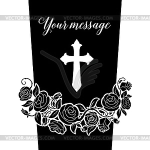 Funeral card, gravestone with rose garland - vector image