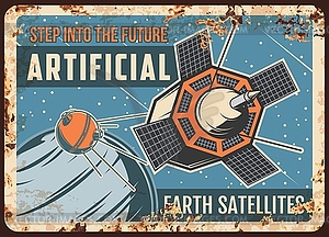 Artificial Earth satellites rusty plate - vector image