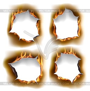 Горящие дыры сжигают бумагу с обугленными краями - векторное изображение EPS