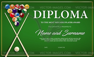 Diploma for winner of billiard tournament - vector EPS clipart