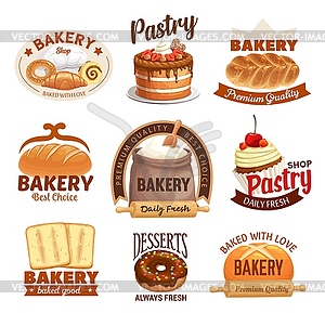 Bakery products labels bread sweet desserts - vector image