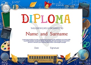 Diploma certificate template with school supplies - vector image