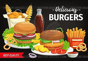 Burgers and combo snacks fast food poster - vector image