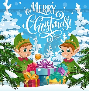 Christmas elves with gifts, Xmas winter holidays - vector clipart