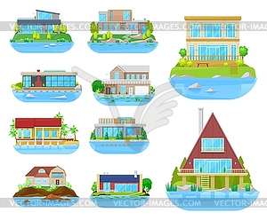 Beach house building icons of home, villa, cottage - vector image