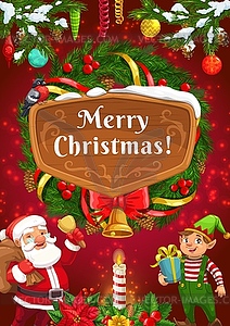 Santa and Christmas elf with gifts and Xmas wreath - vector clipart