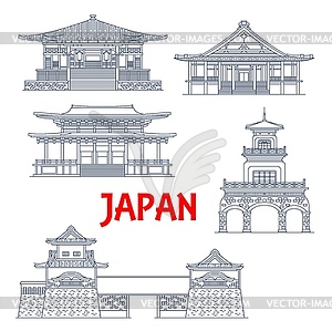 Japan landmarks, temples, tower gates and shrines - vector image