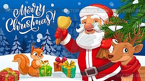 Santa, Christmas reindeer, Xmas gifts and bell - vector clipart