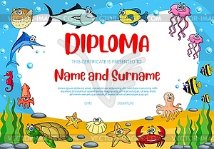 Kids education diploma with fish, crab and turtle - vector clipart