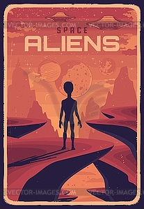 Retro poster with alien and ufo on red planet - vector image