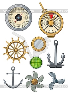 Морской морской корабль якорь иконки, парусные символы - клипарт в векторном виде
