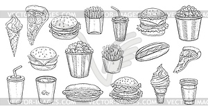 Fast food sketch meals takeaway dishes - vector image