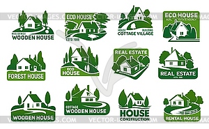 Wooden eco houses, real estate buildings icons - vector clipart / vector image