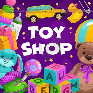 Toy shop, children gifts store goods - vector clipart