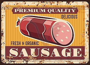 Premium sausage rusty metal plate, salami - vector clipart