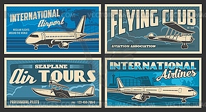 Plane and airport retro banners of air travel - vector clipart