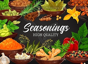 Seasonings herbs, spices and condiments - vector image