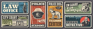 Police, law and justice retro posters, policeman - vector image