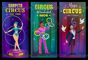 Circus magician, juggler and acrobat banner - vector clip art