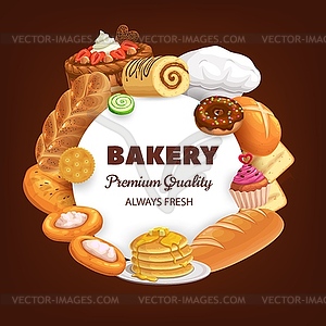 Bakery, desserts and bread round banner - vector image