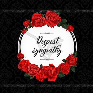 Funeral card with red rose sketch flowers wreath - vector clip art