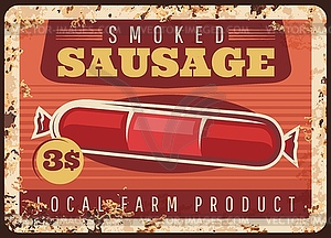 Smoke sausage rusty metal plate, price tag - vector clipart