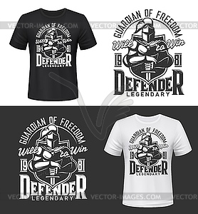 Tshirt print with knight and sword, mockup - vector clipart