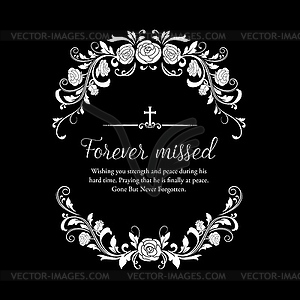 Funeral card with rose flowers wreath and cross - vector clip art