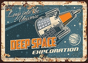 Satellite deep space exploration rust tin sign - vector image