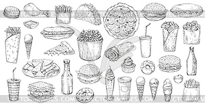 Sketch fast food icons street fastfood set - vector clipart